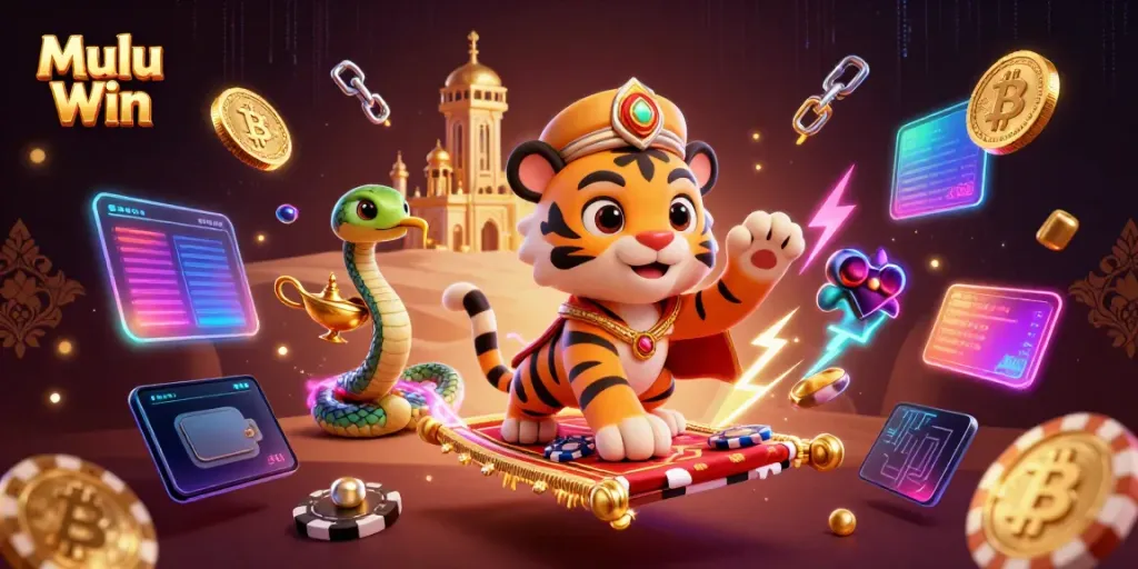 Mulu Win's Arabian Nights-themed casino scene with sultan on poker chip carpet and crypto elements.