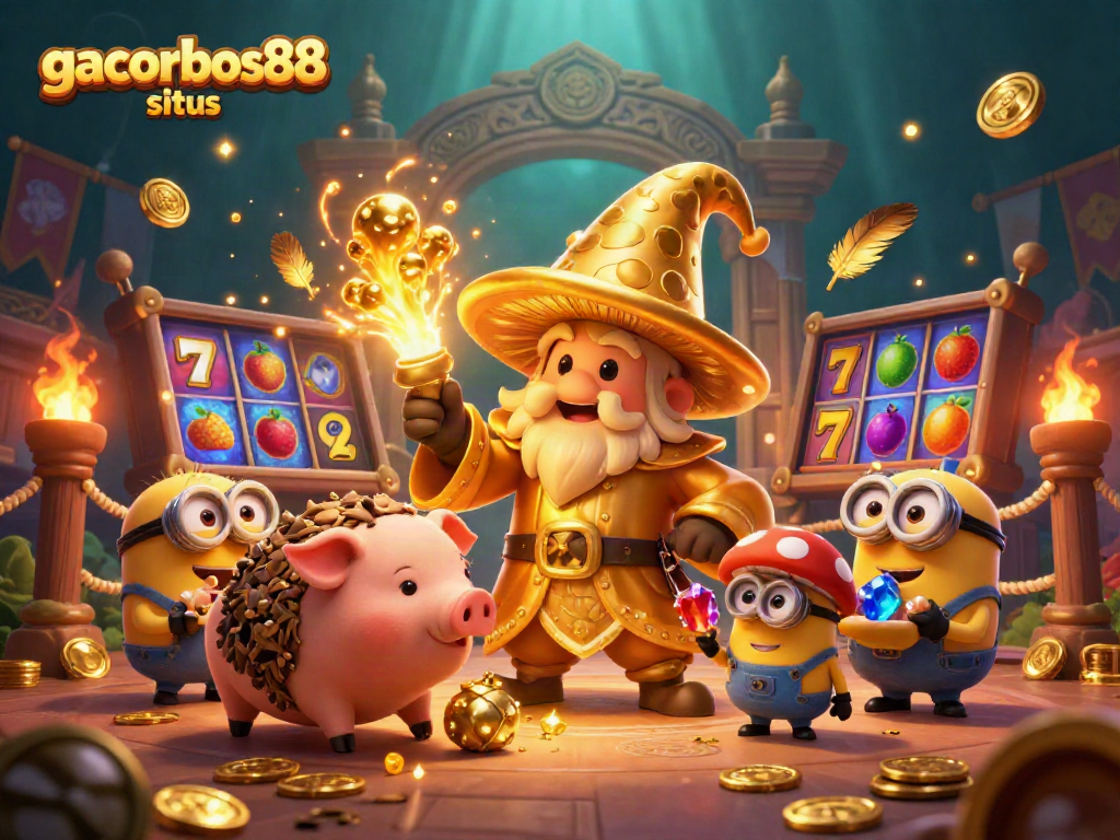 Spin the reels on gacorbos88 situs with a dynamic 3D casino scene featuring golden magic, treasures, and vibrant energy.