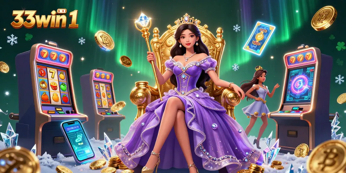 Win big with 33win 1 in this vibrant casino scene featuring stunning slot machines and coins.