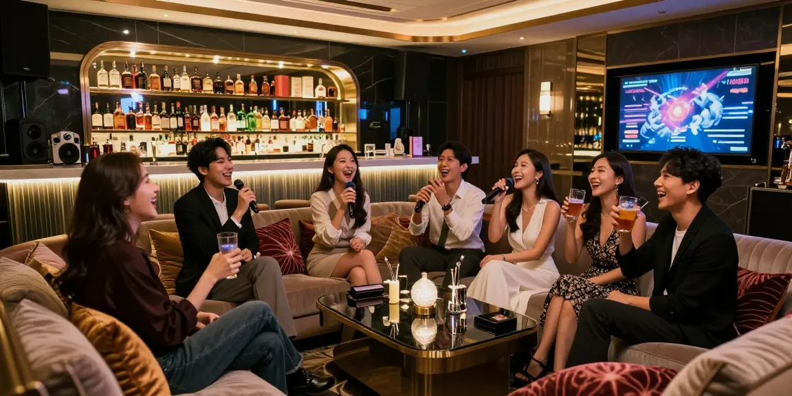 강남쩜오에서 고급스러운 분위기 속에 친구들과 즐거운 시간을 보내는 모습, 세련된 인테리어와 함께하는 프리미엄 가라오케 경험