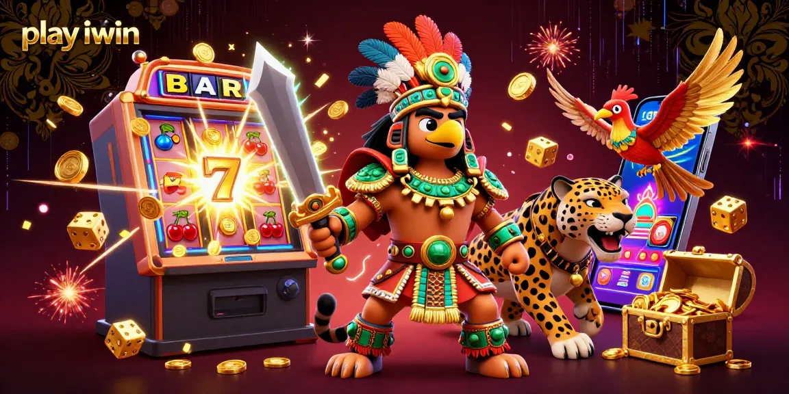 Experience thrilling wins with play iwin in this vibrant casino illustration featuring Aztec warriors and rewarding jackpots.