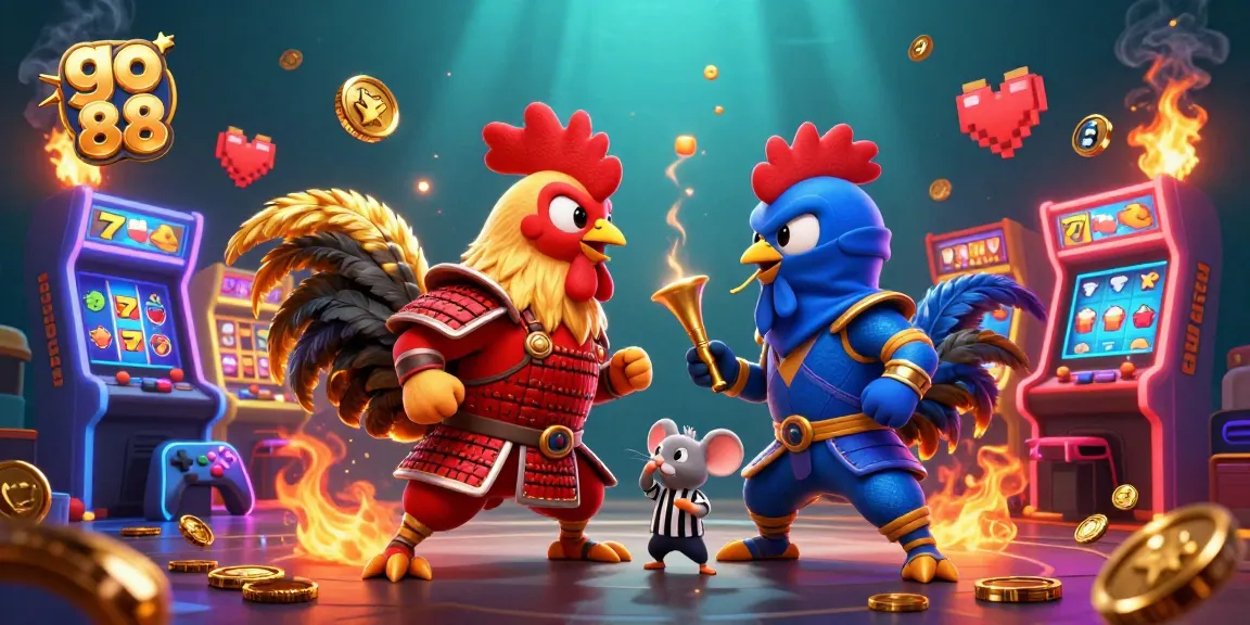 Engage in thrilling casino action with go 88 showcasing fighting roosters among slot reels and game machines.