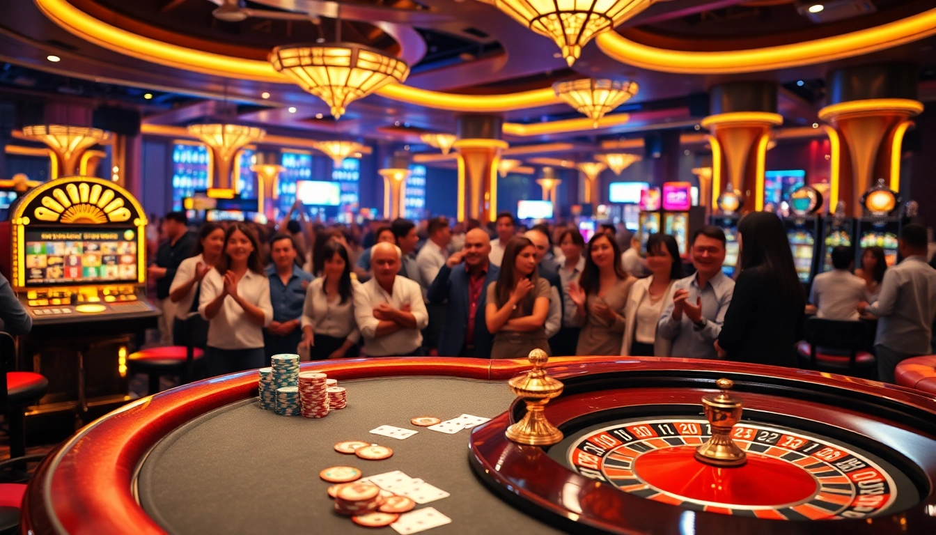 Experience the excitement of Nhà Cái S8 at a vibrant casino scene with gamblers at poker tables and slot machines.