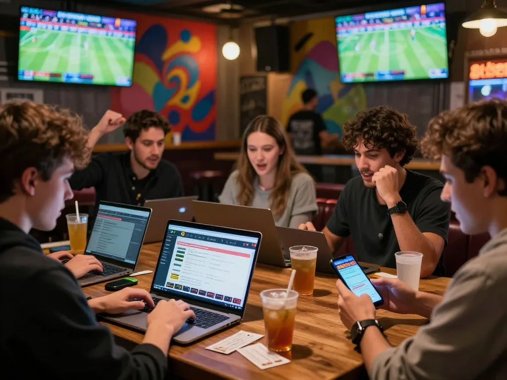 Exciting betting scene on 8kbet with individuals engaged in sports wagering at a vibrant sports bar during live matches.