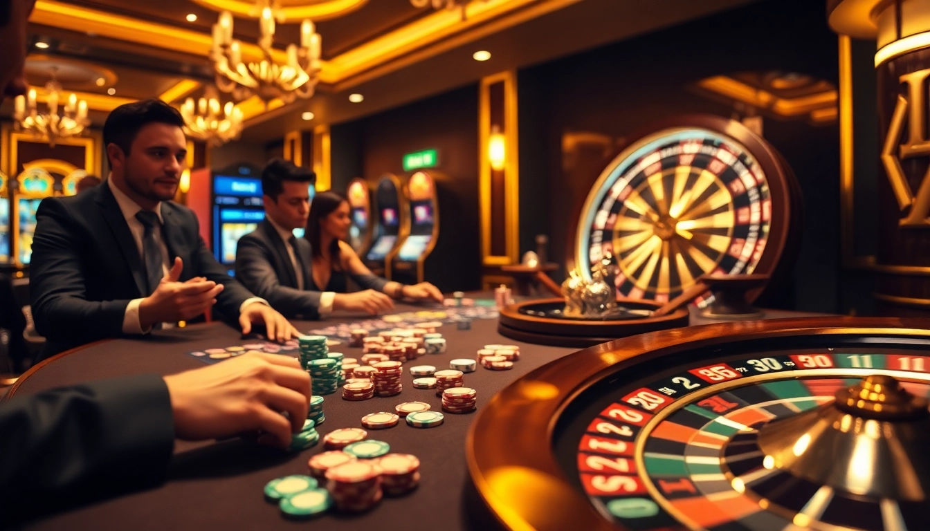 Lucky players enjoy a thrilling gaming experience at LUCK8 casino tables, showcasing poker chips and roulette wheels.
