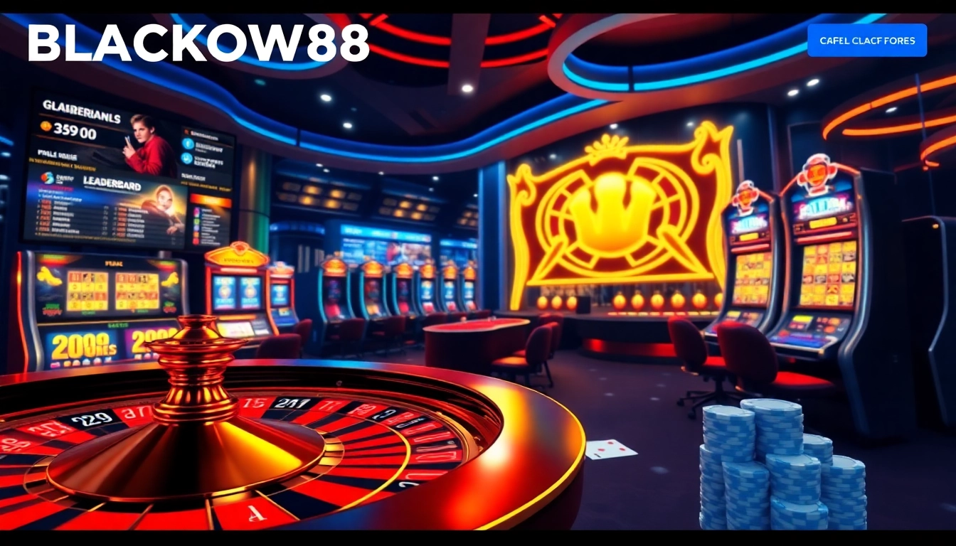 Engaging scene of BLACKOWL88 featuring slot machines, poker chips, and a roulette wheel, highlighting online gaming excitement.