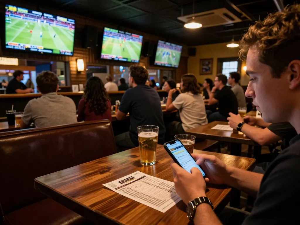 Fabet enhances online betting excitement with a live sports betting scene from a vibrant sports bar.