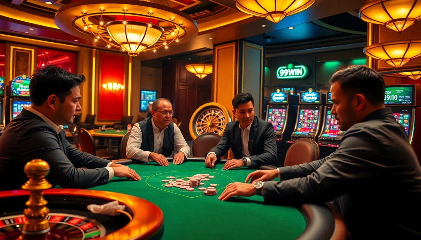 The excitement of 99WIN casino gaming captured in a luxurious poker scene with professional players.