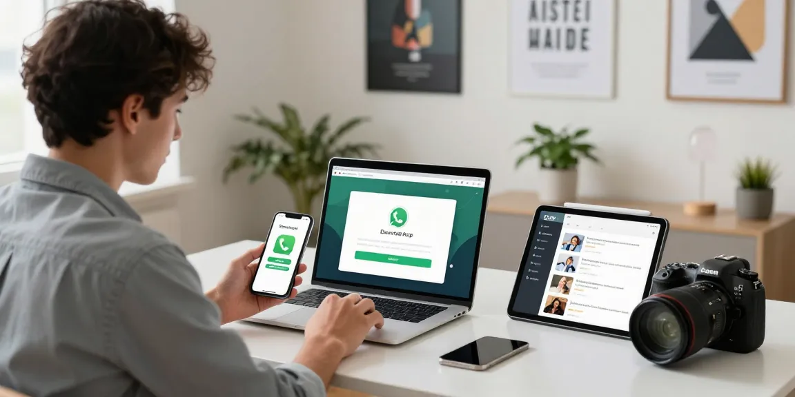 WhatsApp下載 guide showcased in a modern home office setting with multiple devices.