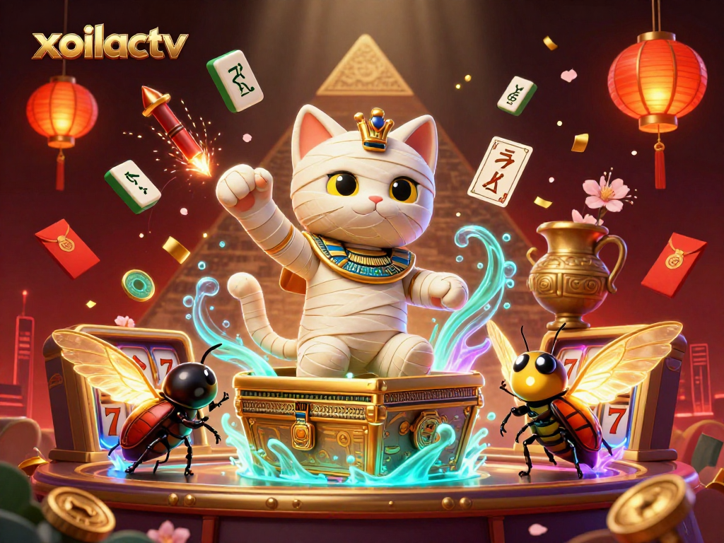 Engage in thrilling slot games with xoilactv as a cartoon mummy cat bursts from a golden sarcophagus.