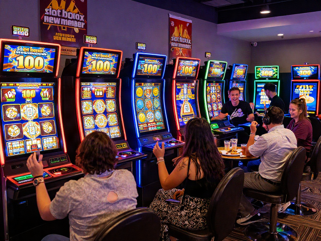 Players enjoying the excitement of slot bonus new member 100 in a vibrant casino atmosphere.