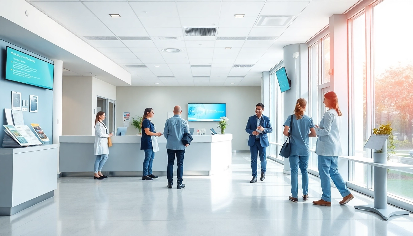 Bezoekers worden verwelkomd bij https://tweestedenziekenhuis.nl door betrokken personeel in een heldere ziekenhuisomgeving.