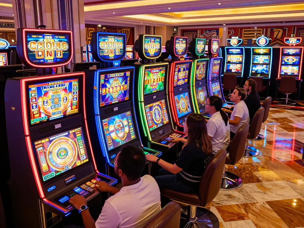 Players enjoying vibrant slot777 machines in a lively casino, engaging with colorful game displays