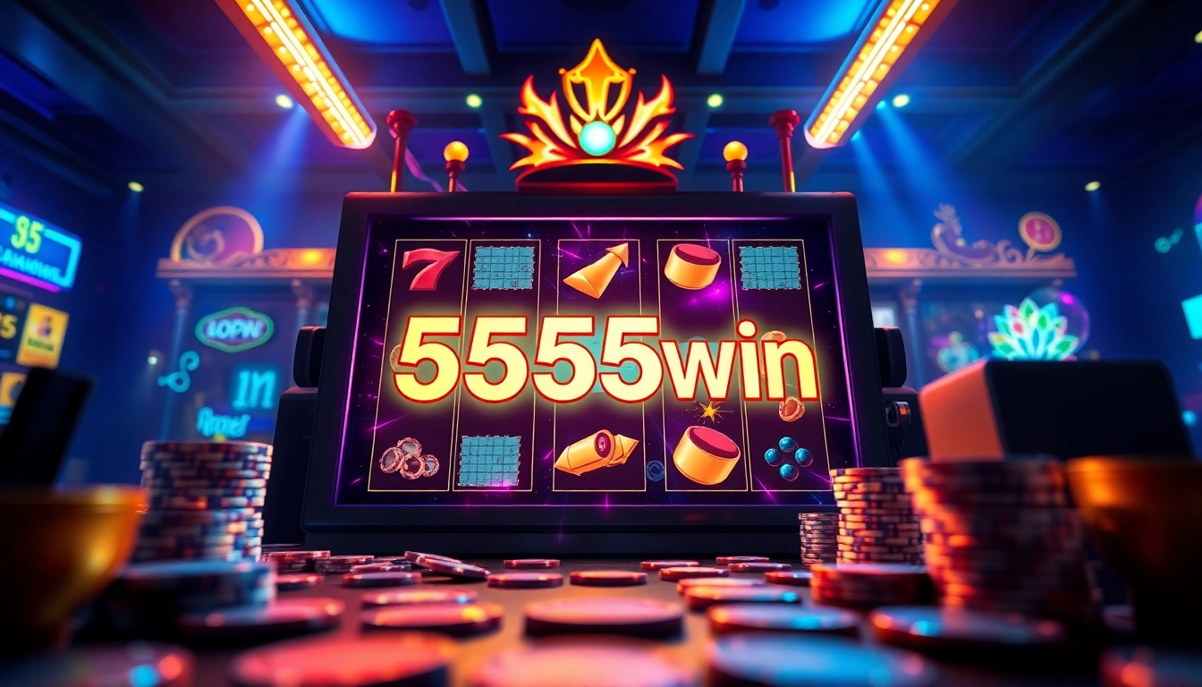 Dynamic gaming scene featuring the 555win slot machine with vibrant colors and excitement.