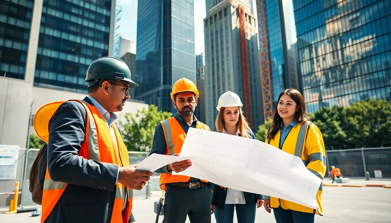 Dynamic scene of New York City Construction Manager with a diverse team on-site.