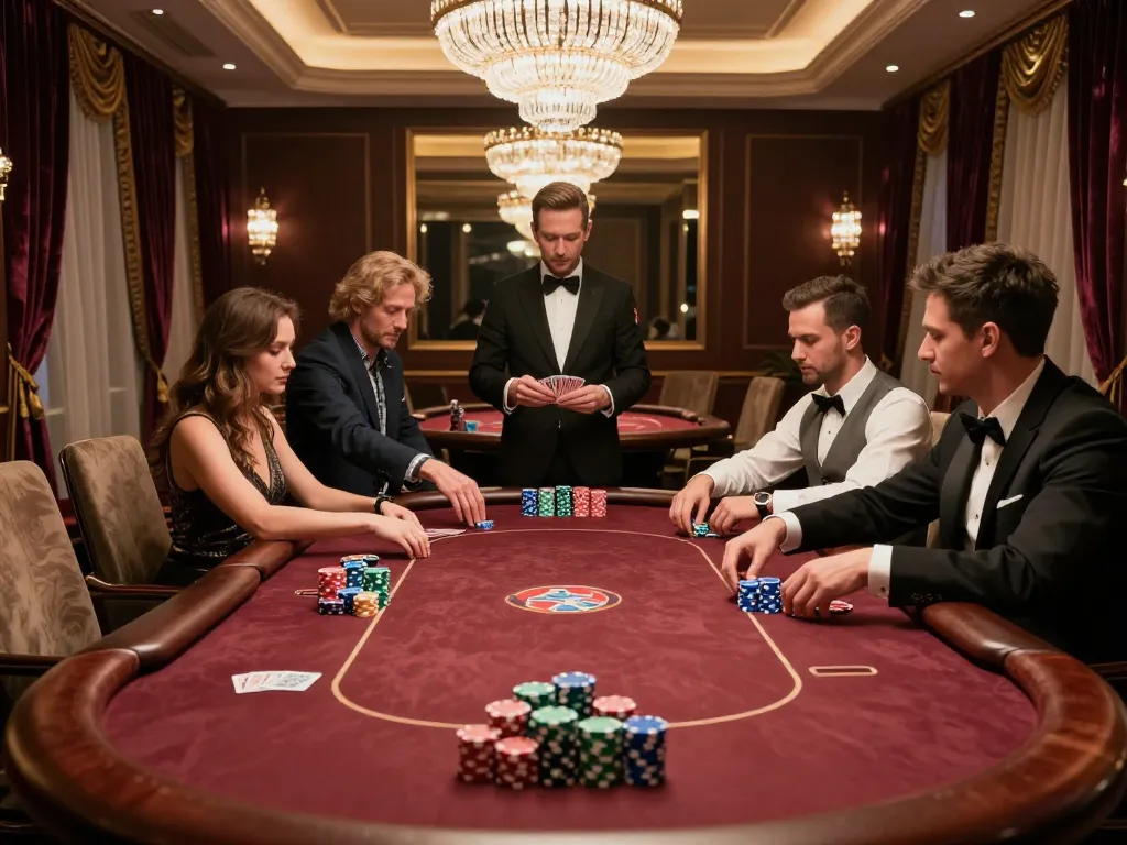 Players engage in a high-stakes poker game in a luxurious VIP room, showcasing vipwin moments of excitement.