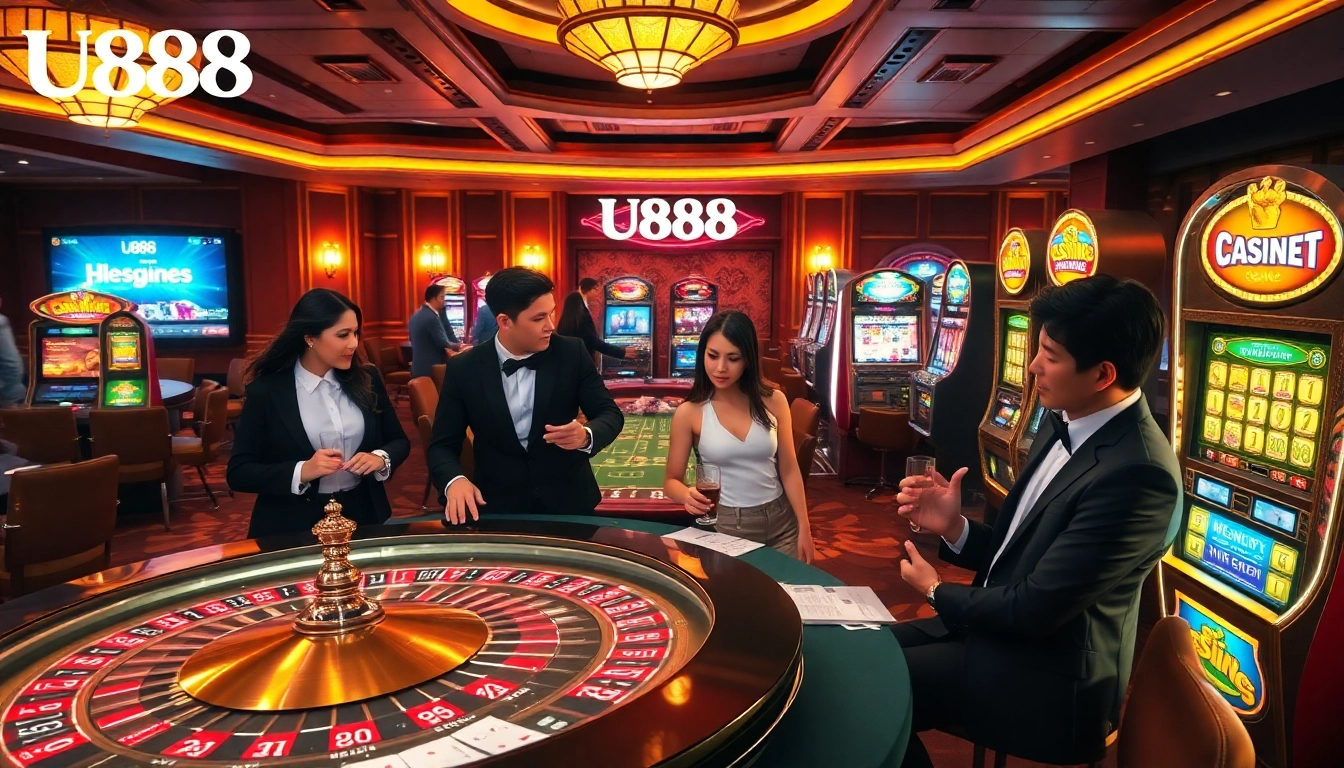 U888 players engaging at a luxurious casino table, showcasing excitement and strategy.