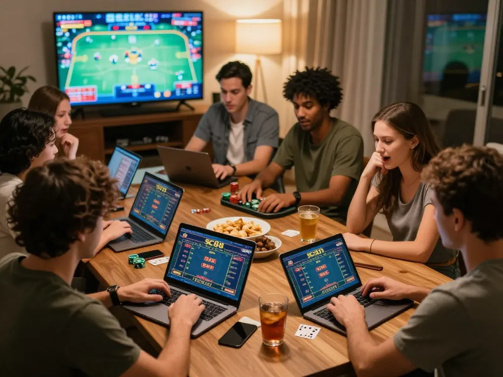 Friends engaged in a thrilling sc88 online poker game at home, showcasing excitement and strategy.