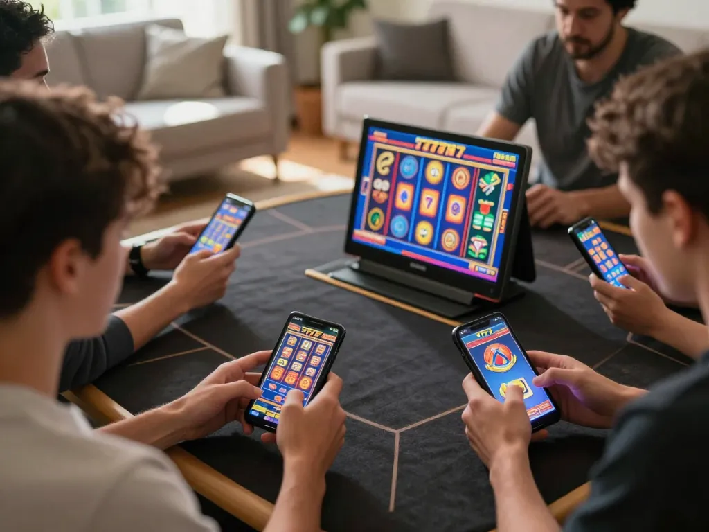 Engaged players spinning slot777 online games on mobile devices in a cozy living room