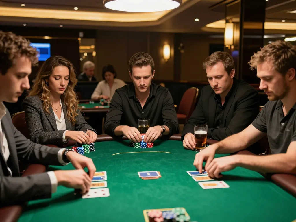Players enjoying strategic gameplay at DA88 poker table in a lively casino atmosphere.