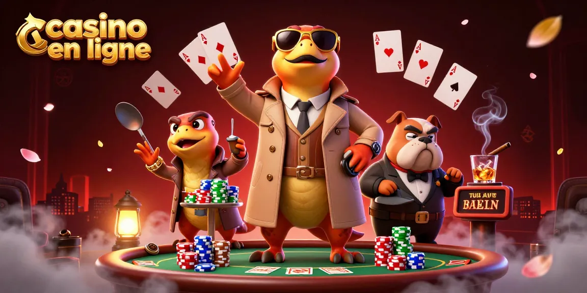 Un groupe de raptors déguisés entrant dans un lounge VIP d'un casino en ligne rempli de jetons de poker.