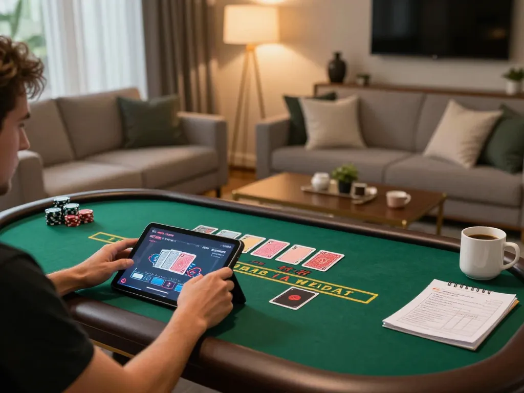 Player enjoying baccarat on a tablet, showcasing xx88's engaging online casino experience with a cozy atmosphere