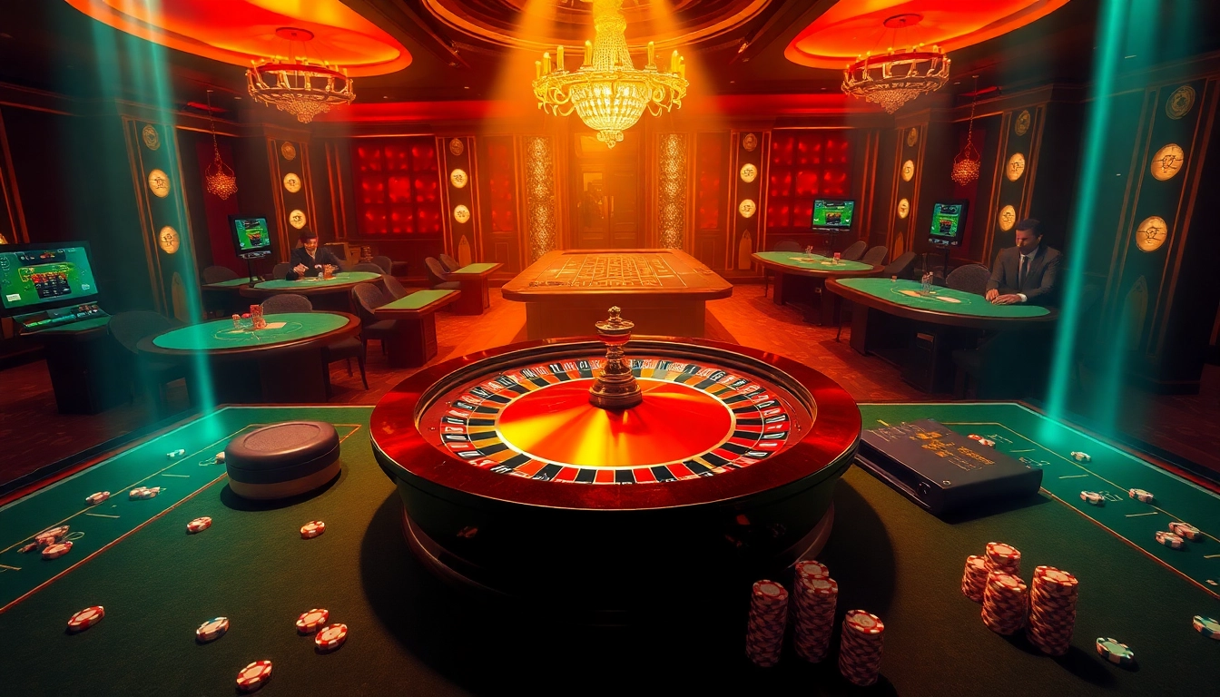 Experience the excitement of bomwin gaming with players enjoying luxurious casino tables and vibrant roulette action.