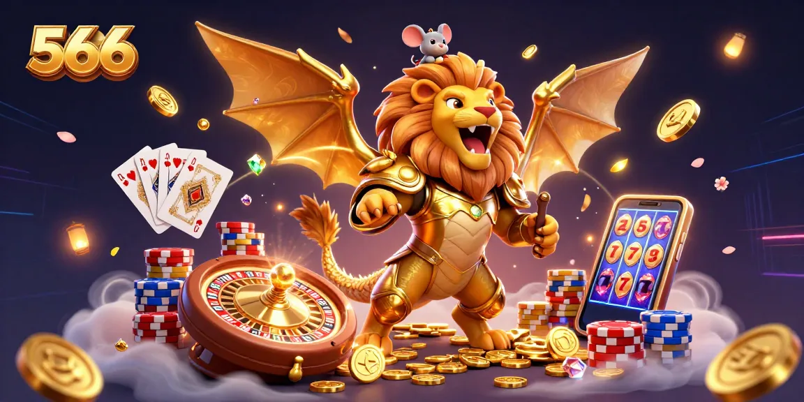 Engage in thrilling 566 gaming, featuring roaring chimera and dazzling coins flying in celebration.