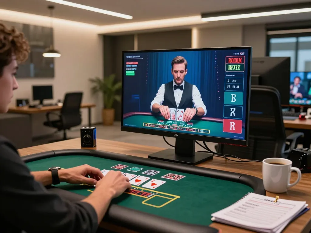 Engaging in live dealer blackjack at ok365 online casino with real-time card shuffling in a cozy home office.
