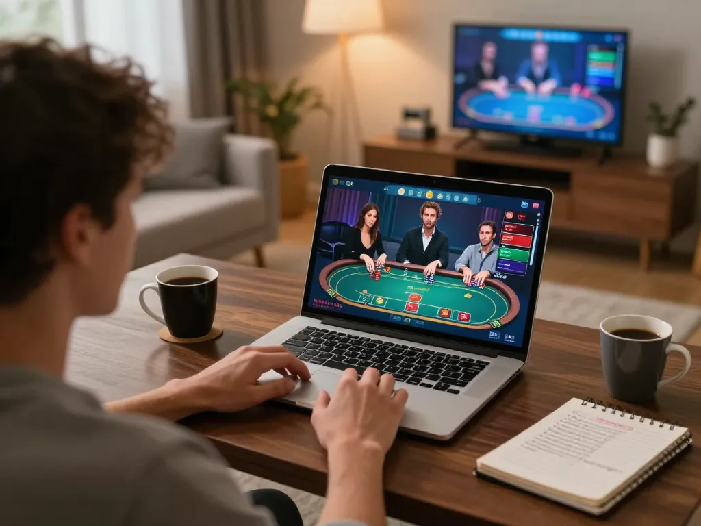 CM88 online player engaging with live dealer poker on their laptop, cozy home setup with strategy notes.