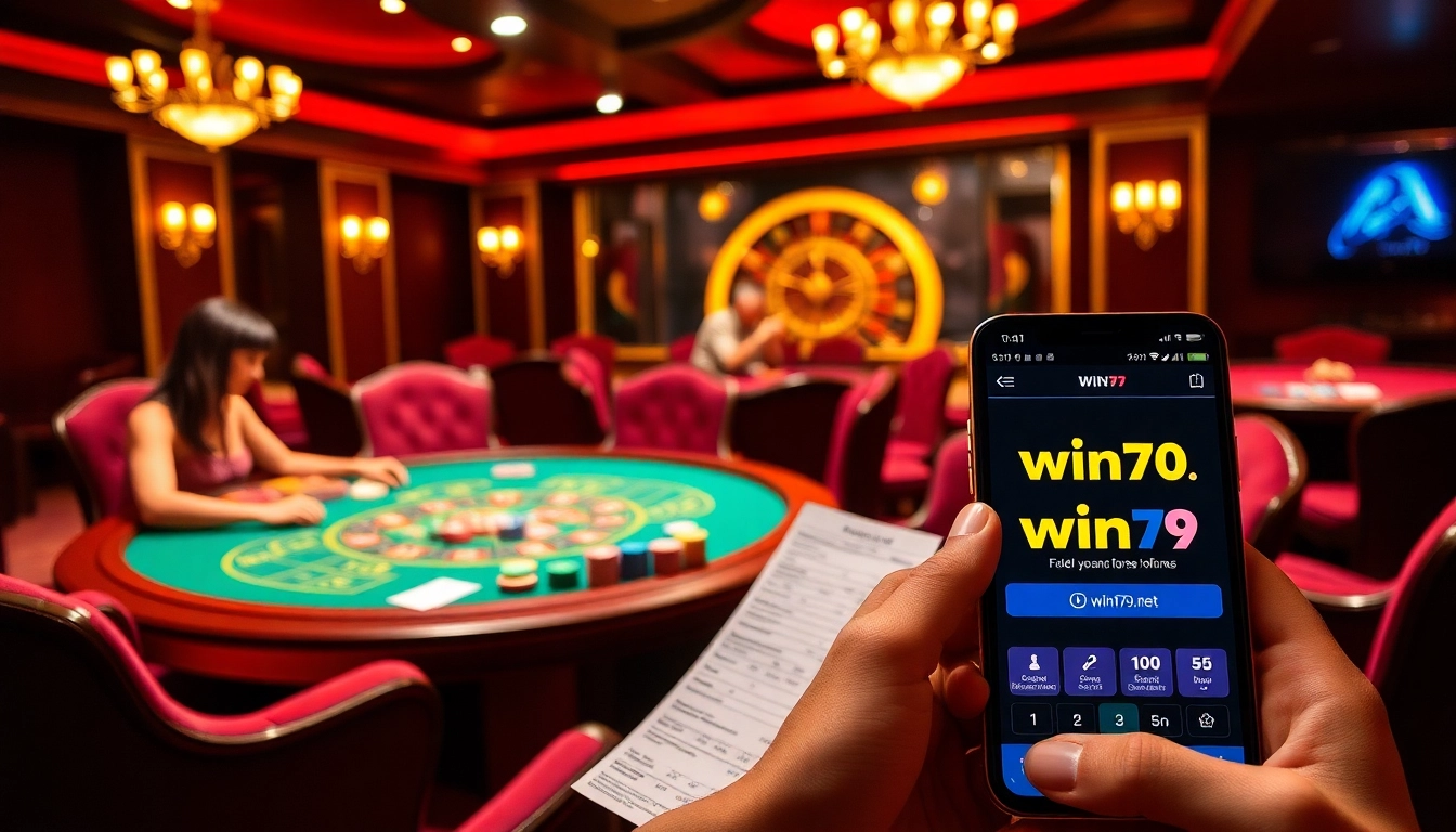 Exciting poker game scene at win79.net, showcasing colorful chips, cards, and a roulette wheel