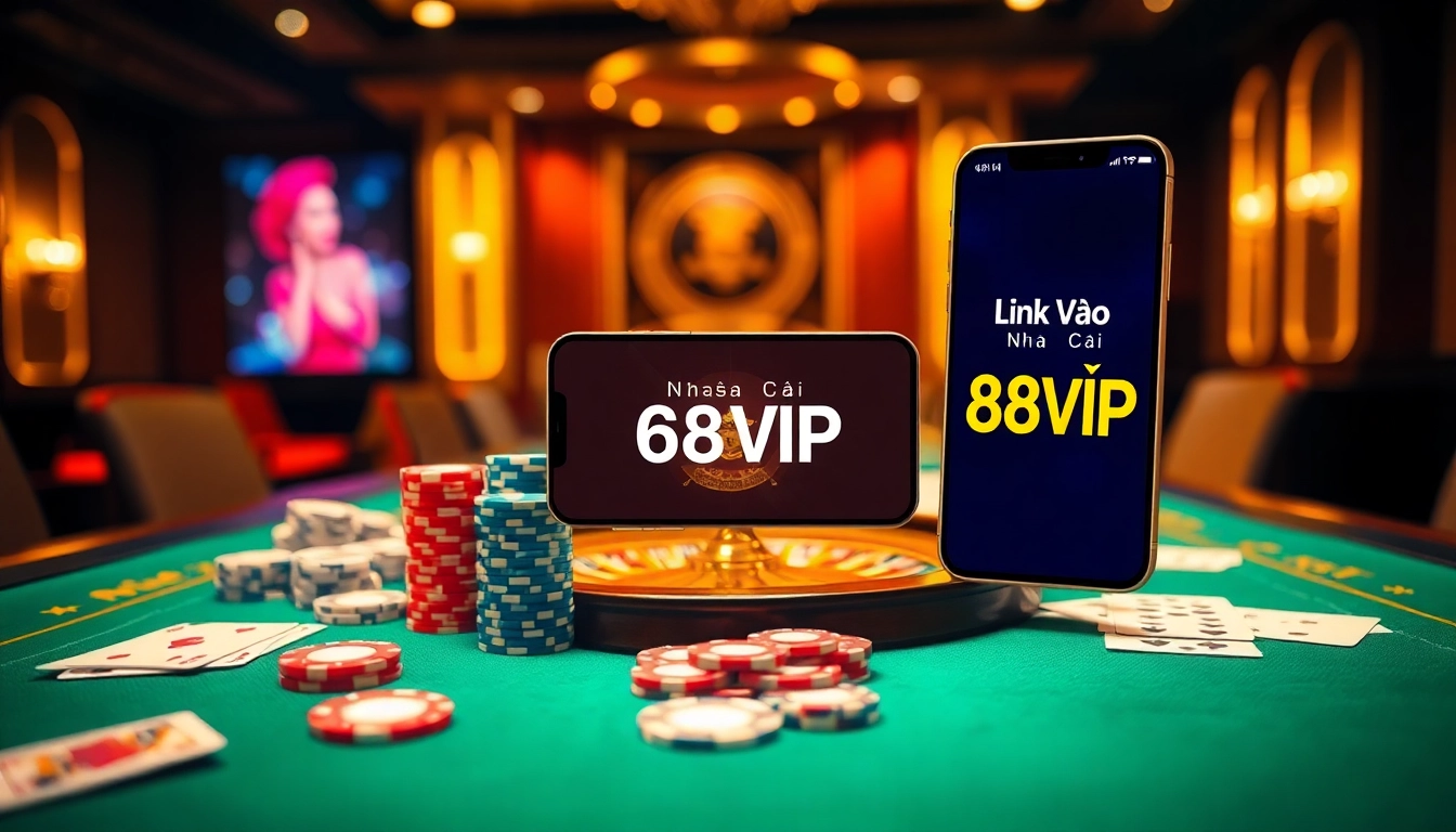 Engage in high-stakes gaming with Link Vào Nhà Cái 68VIP at a luxurious casino table filled with chips and cards.