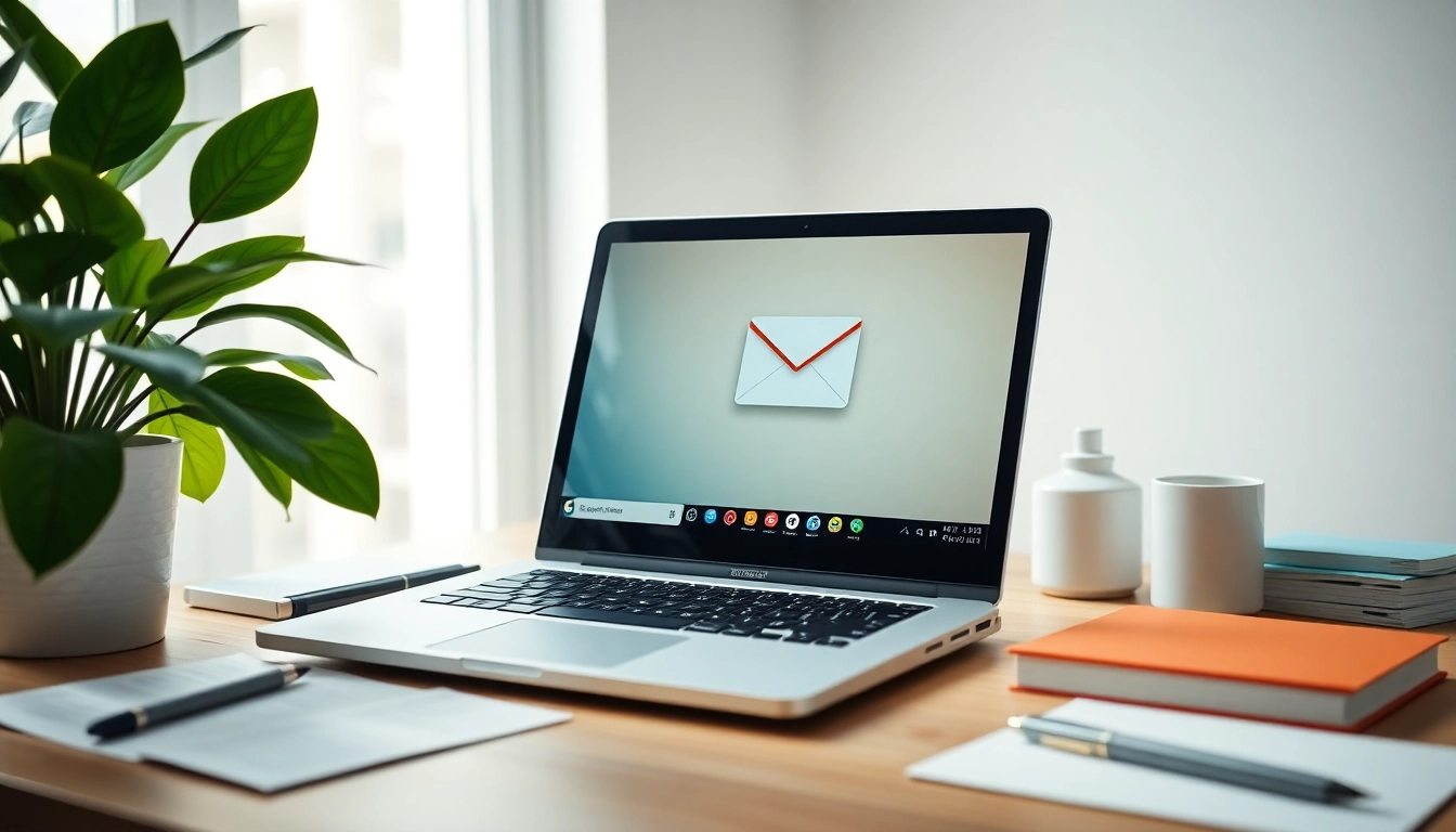 Engaging workspace showing Gmail邮箱 on a laptop screen surrounded by stationery.
