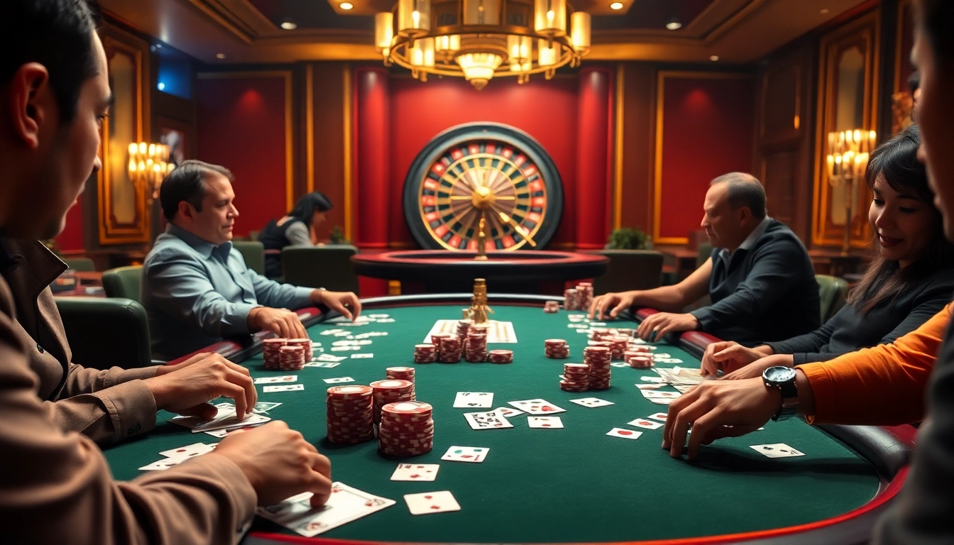 Engage in thrilling casino action with VB88 as players strategize at a vibrant poker table.