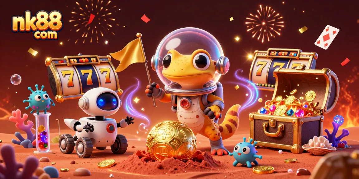 Win big at nk88 com with an adventurous Martian gecko discovering treasures in a vibrant casino!