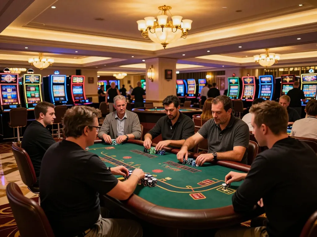 Engaging players at an open888 blackjack table, surrounded by excitement in a vibrant casino.