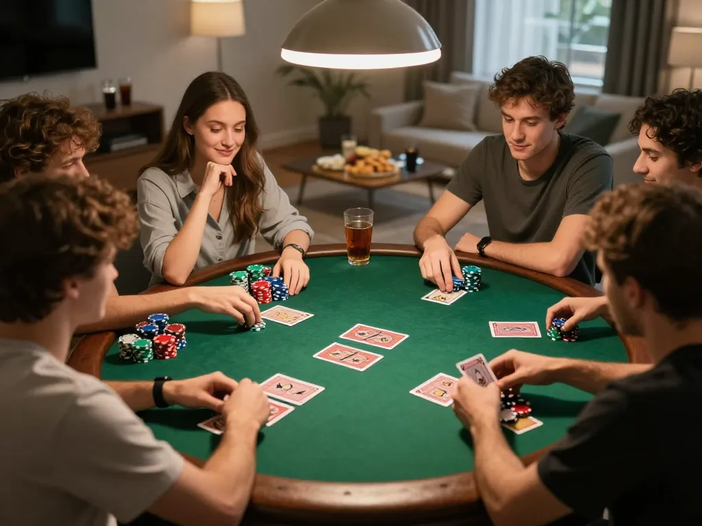 Engaging game of Luật Chơi Sâm Lốc among friends during a cozy poker night