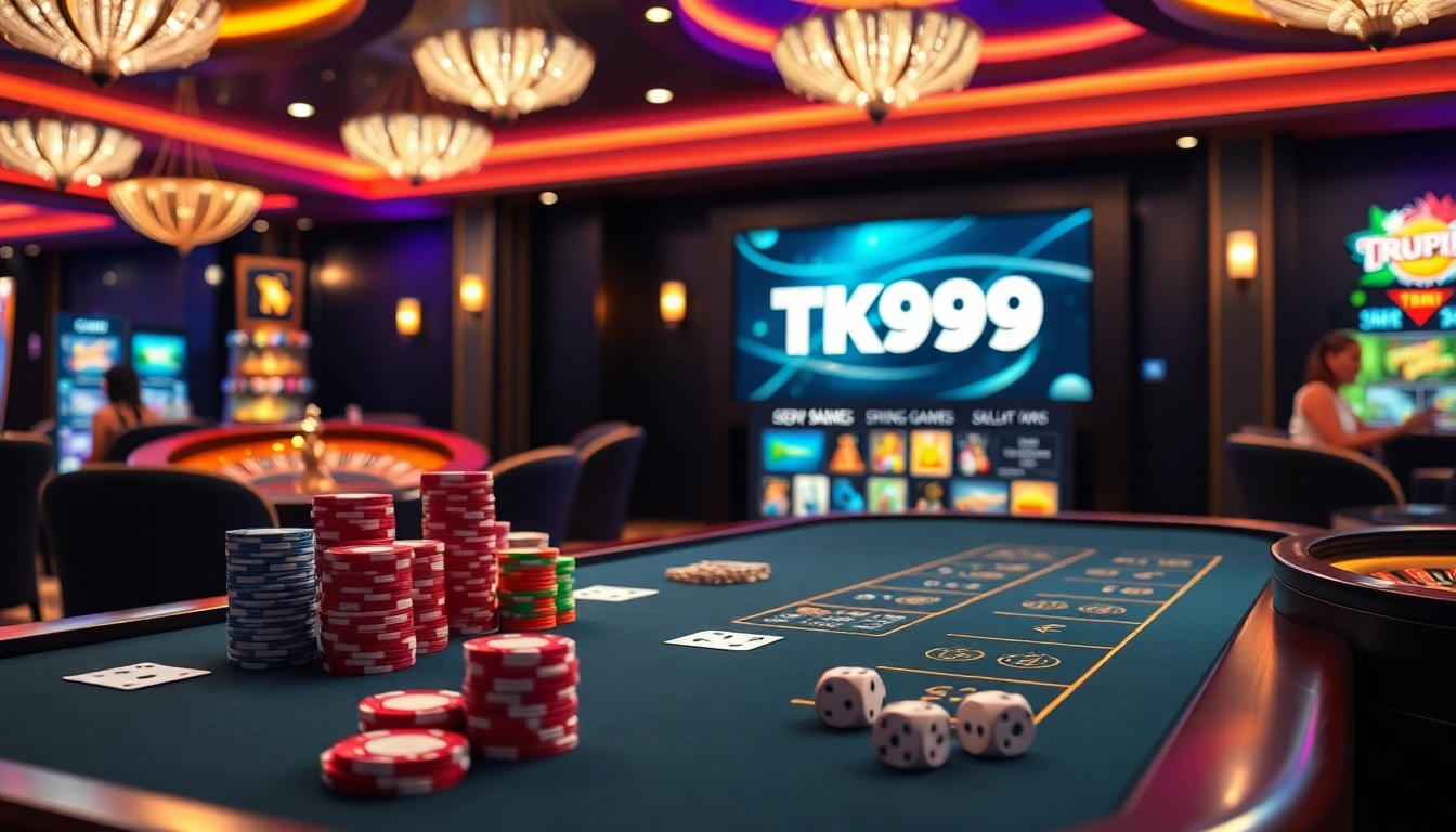TK999 logo gracing an elegant casino scene with vibrant poker chips and roulette wheel.