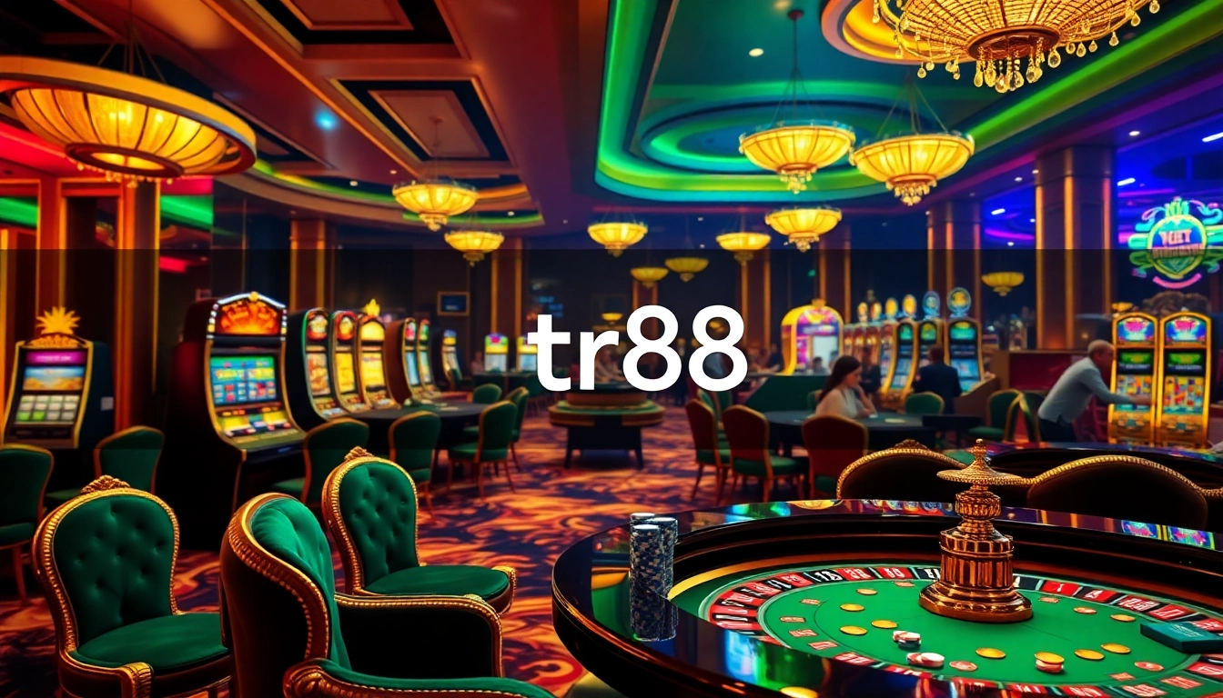 Players enjoying a thrilling roulette game at TR88 casino, amidst luxurious surroundings and vibrant slot machines.