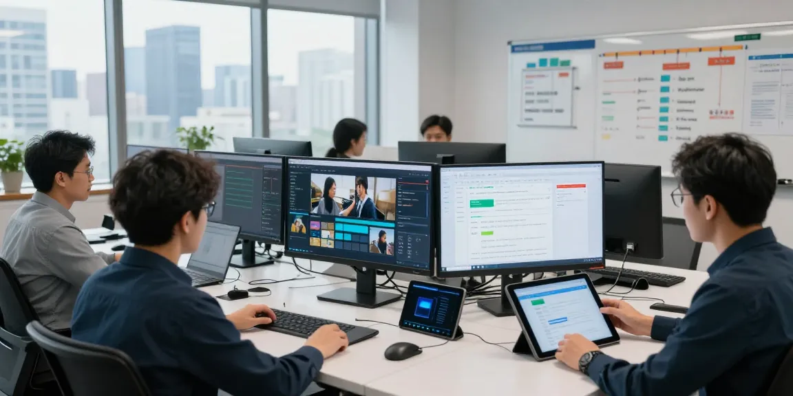 Data analysts using ai detector in modern office for content moderation