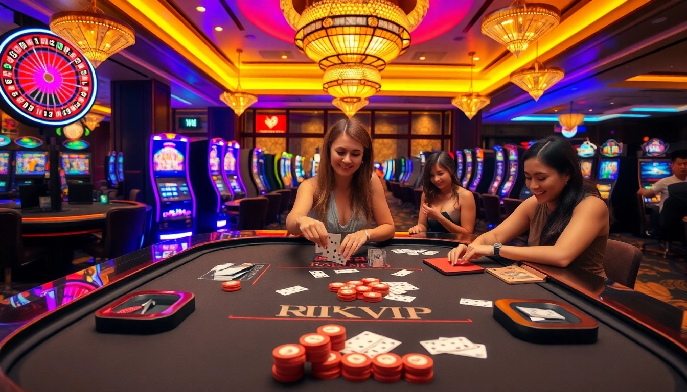 RIKVIP gamblers engaged in thrilling gameplay at an elegant casino table.