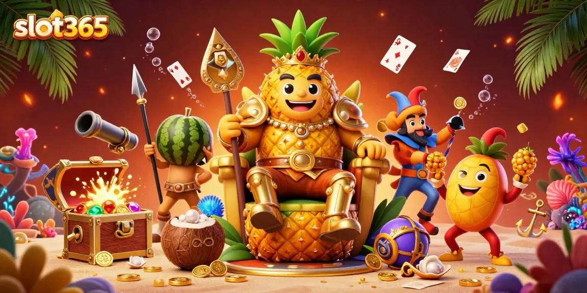 Experience the vibrant energy of slot365 with the golden pineapple king in a dynamic beach casino scene.