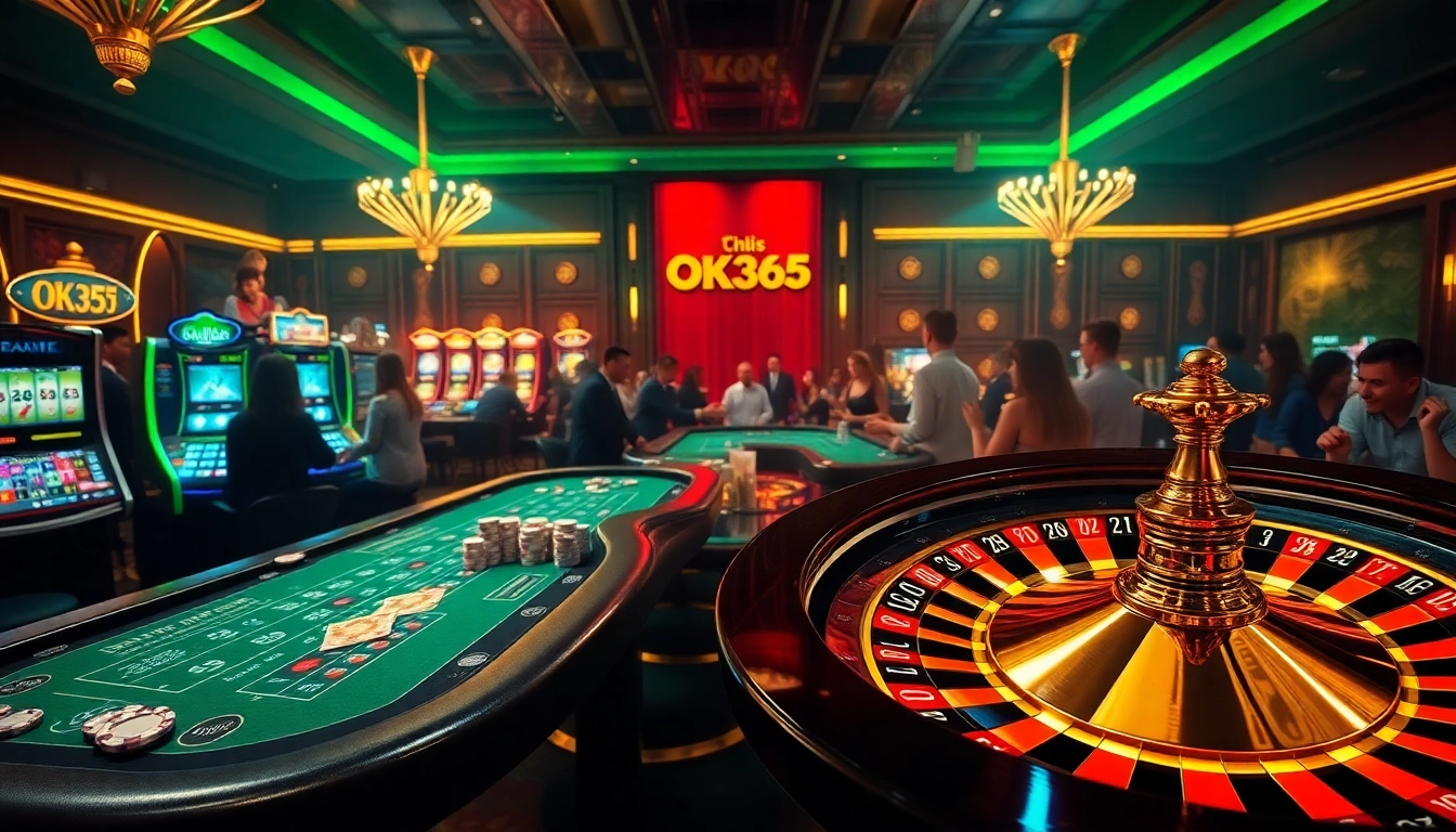 Players enjoying thrilling games at OK365 casino, showcasing excitement and luxury with poker tables and slot machines.