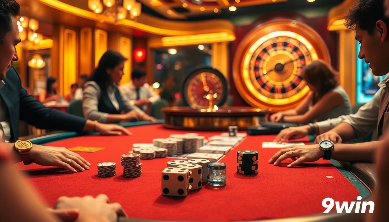 A thrilling poker game at 99win featuring vibrant chips, cards, and an illuminated roulette wheel.