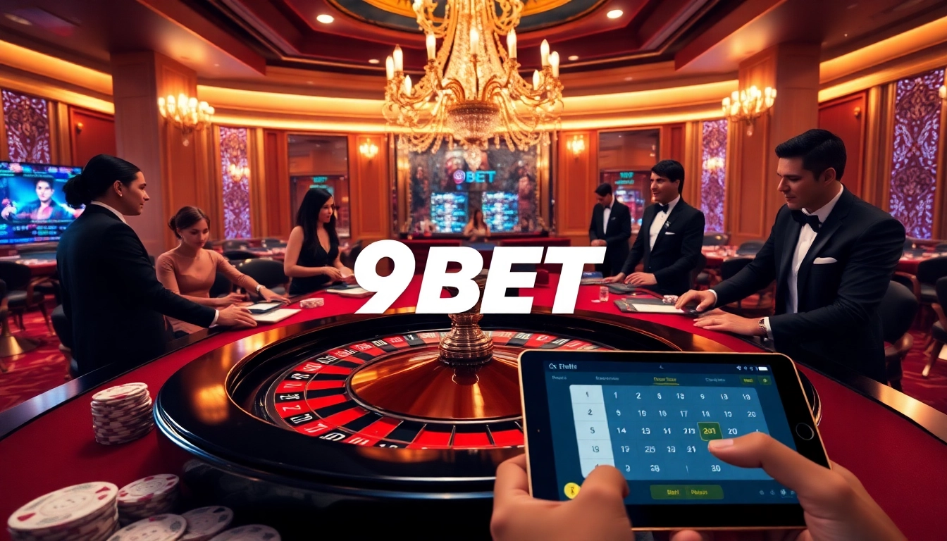 Players engaging in high-stakes games at a luxurious casino table with 9BET branding.