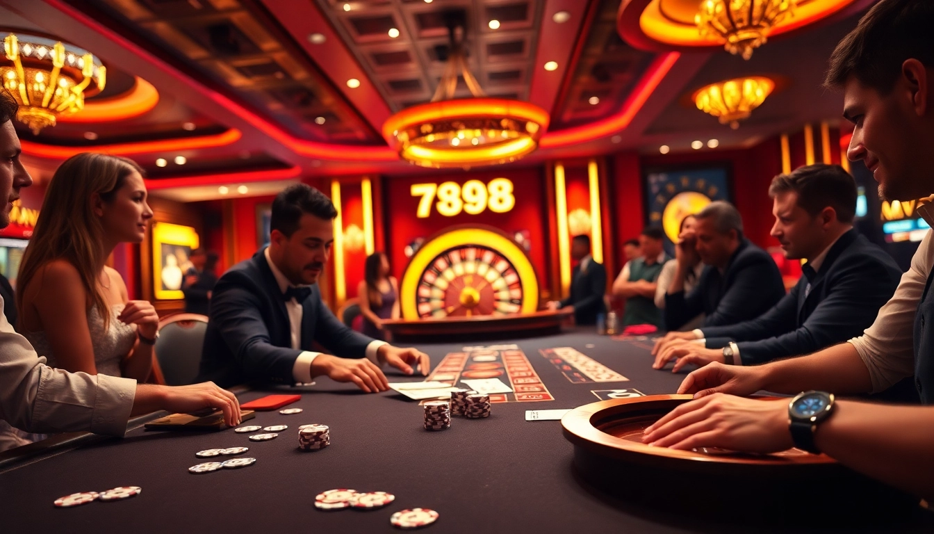 Casino players placing bets on 789b-themed gaming table with professional dealer.