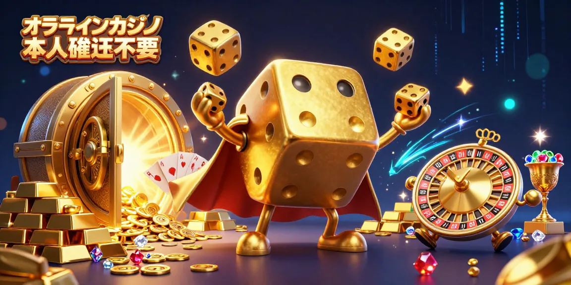 オンラインカジノ 本人確認不要をテーマにした豪華な3Dイラストで、金色のサイコロゴーレムが小さなサイコロを操る様子を描写。