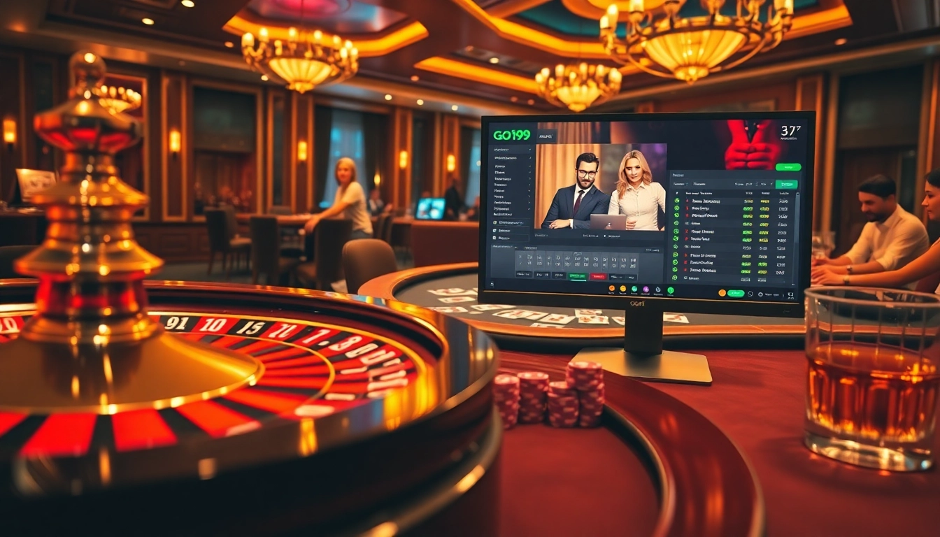 Exciting online gambling scene featuring go99 with a spinning roulette wheel and poker table.