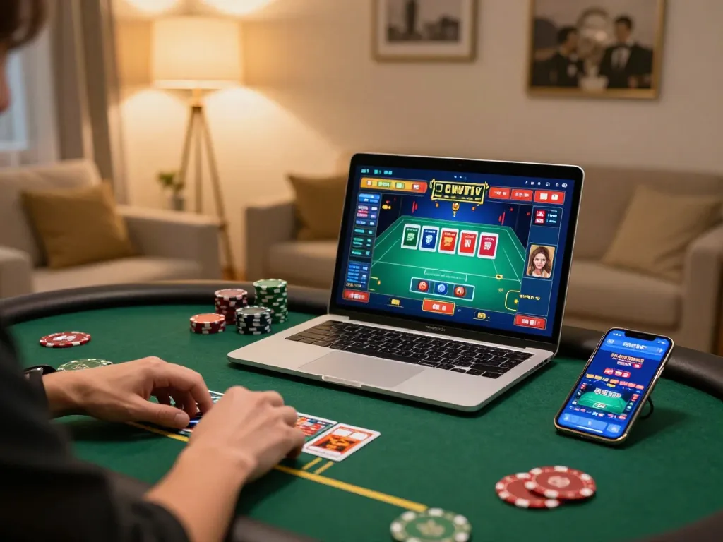 Engaging gameplay on sites not on gamstop featuring a laptop and smartphone in a cozy setting.