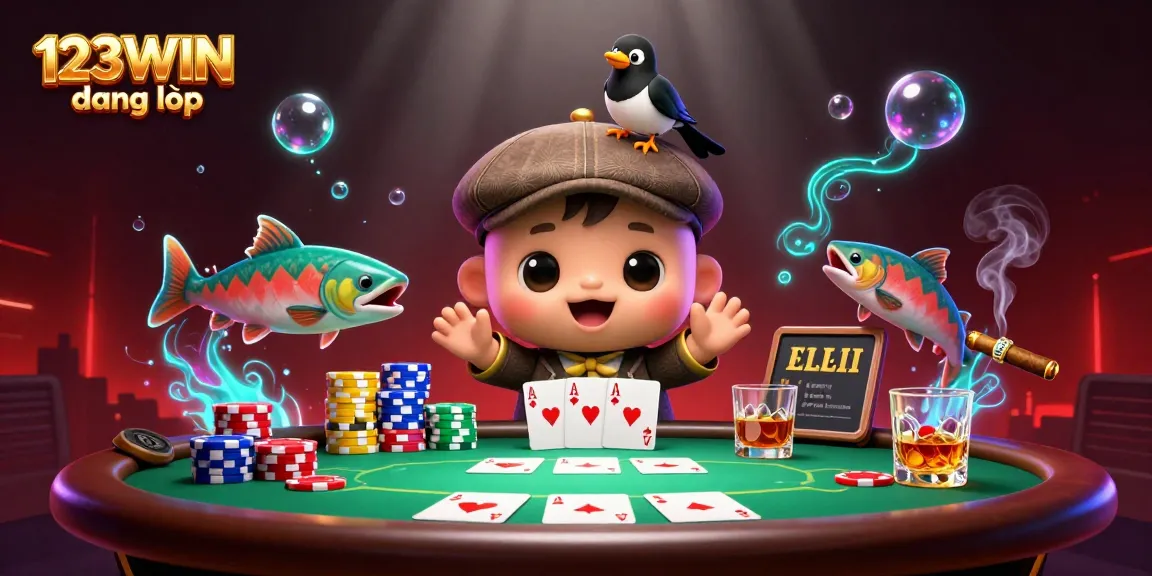 Enjoy 123WIN đăng nhập as a playful Nessie and a magpie celebrate poker in a vibrant casino.